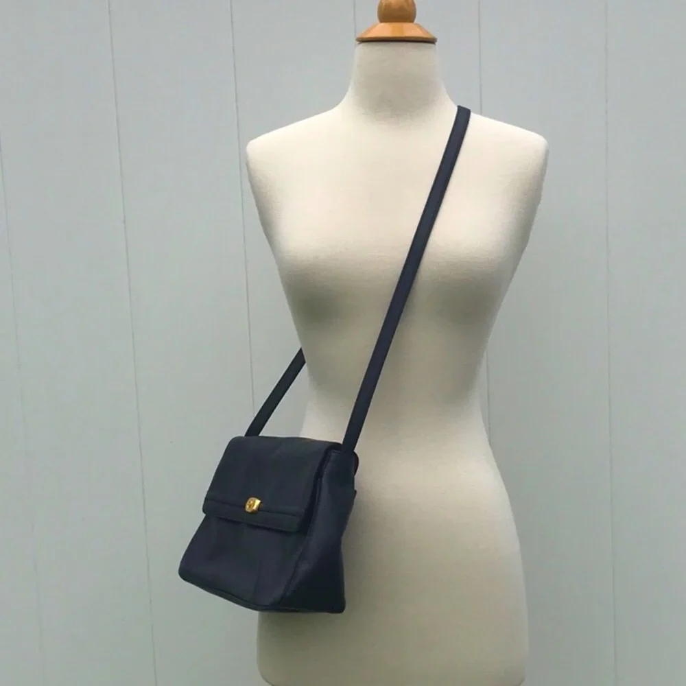 Vintage Etienne Aigner Leather Navy Blue Shoulder Bag with Gold Accents - Picture 7 of 16